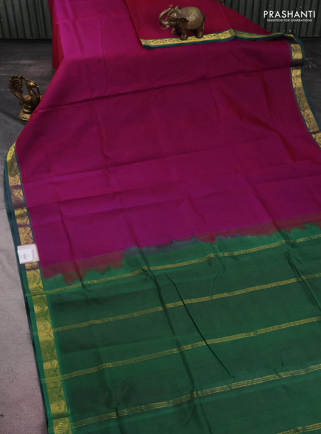 10 yards silk cotton saree dark magenta pink and green with plain body and zari woven border