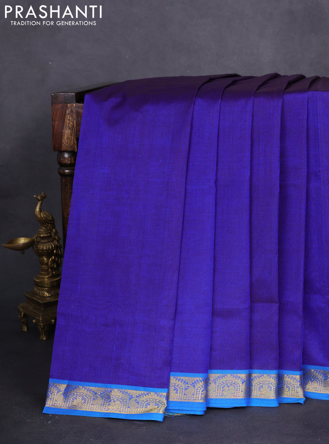 10 yards silk cotton saree navy blue and cs blue with plain body and zari woven border