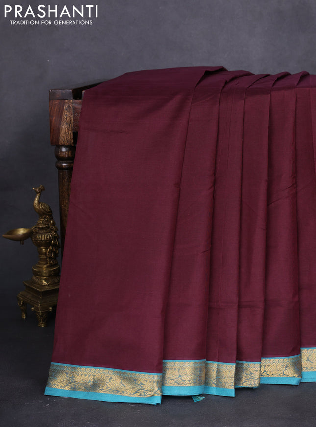 10 yards silk cotton saree brown and teal green with plain body and zari woven border