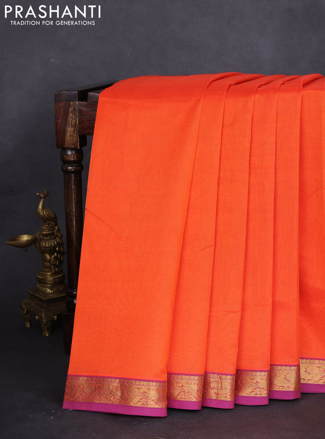 10 yards silk cotton saree orange and purple with plain body and zari woven border