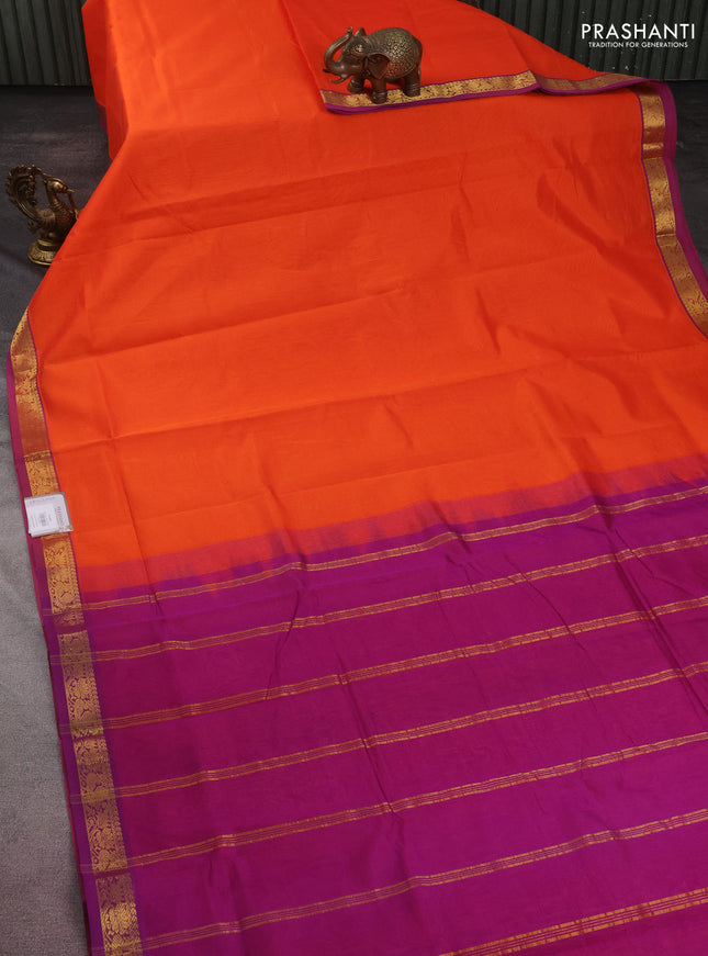 10 yards silk cotton saree orange and purple with plain body and zari woven border