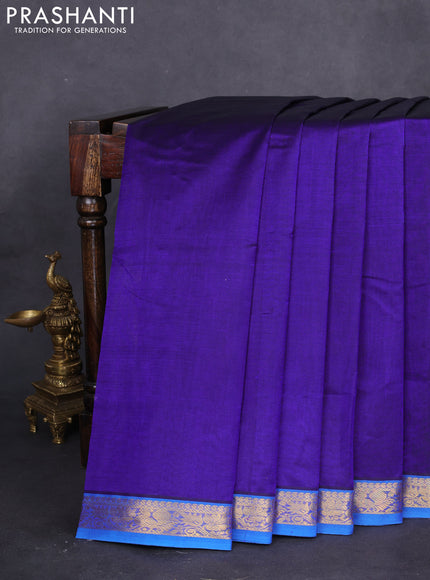 10 yards silk cotton saree navy blue and cs blue with plain body and zari woven border