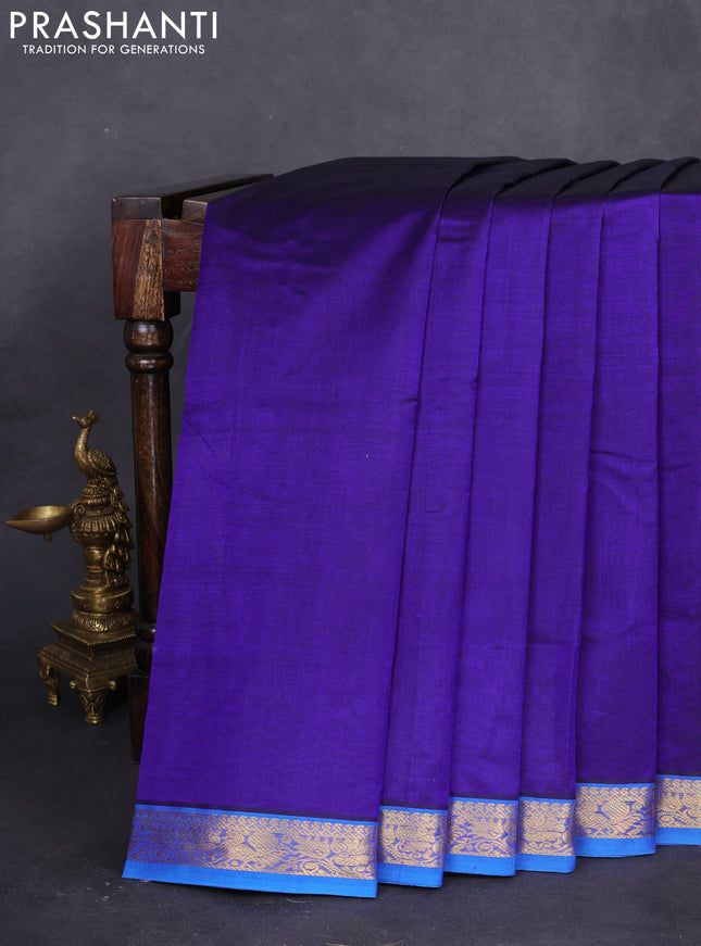 10 yards silk cotton saree navy blue and cs blue with plain body and zari woven border