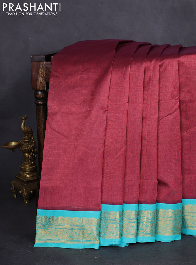 10 yards silk cotton saree maroon shade and teal blue with plain body and zari woven border