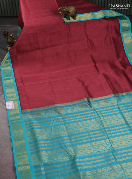 10 yards silk cotton saree maroon shade and teal blue with plain body and zari woven border