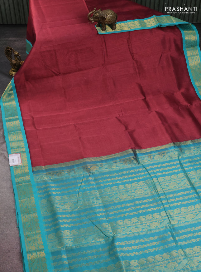 10 yards silk cotton saree maroon shade and teal blue with plain body and zari woven border
