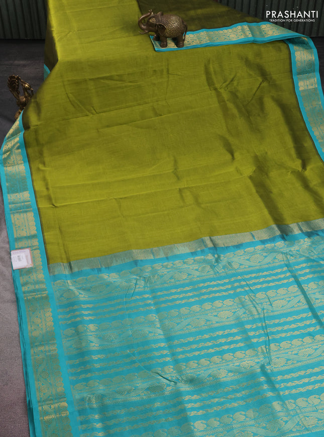 10 yards silk cotton saree mehendi green and teal blue with plain body and zari woven border