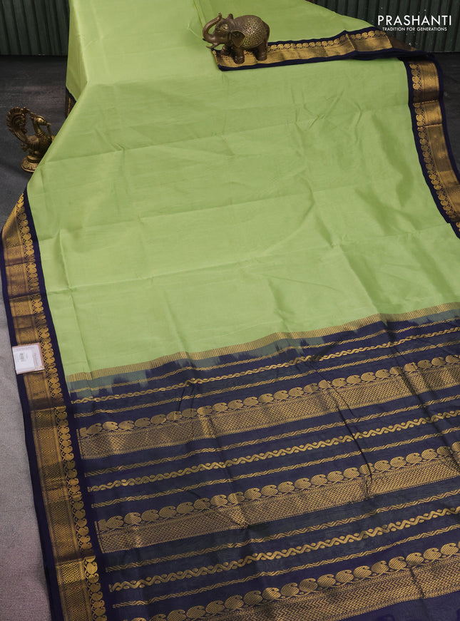 10 yards silk cotton saree pista green and navy blue with plain body and zari woven border