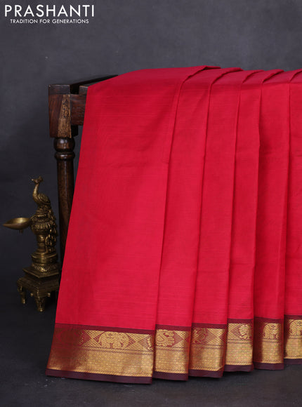 10 yards silk cotton saree reddish pink and green with plain body and zari woven border