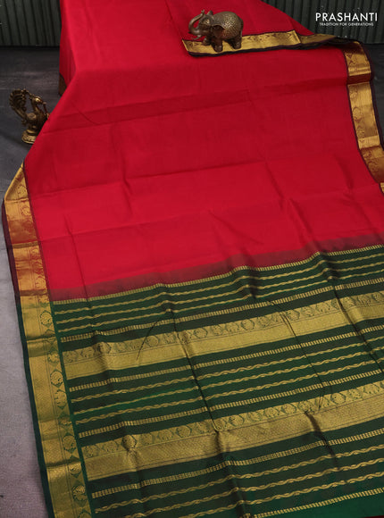 10 yards silk cotton saree reddish pink and green with plain body and zari woven border
