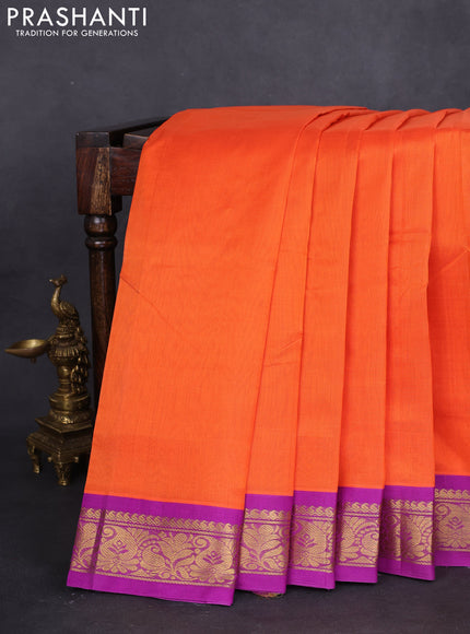 10 yards silk cotton saree orange and purple with plain body and zari woven border