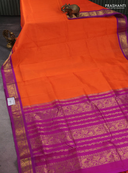 10 yards silk cotton saree orange and purple with plain body and zari woven border