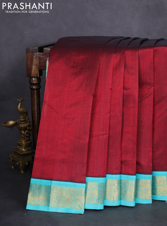 10 yards silk cotton saree maroon and teal blue with plain body and zari woven border
