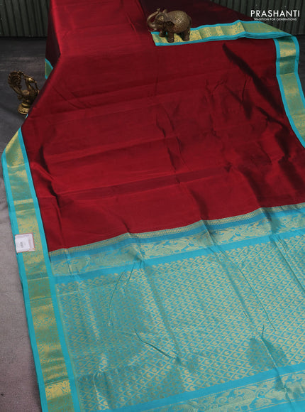 10 yards silk cotton saree maroon and teal blue with plain body and zari woven border