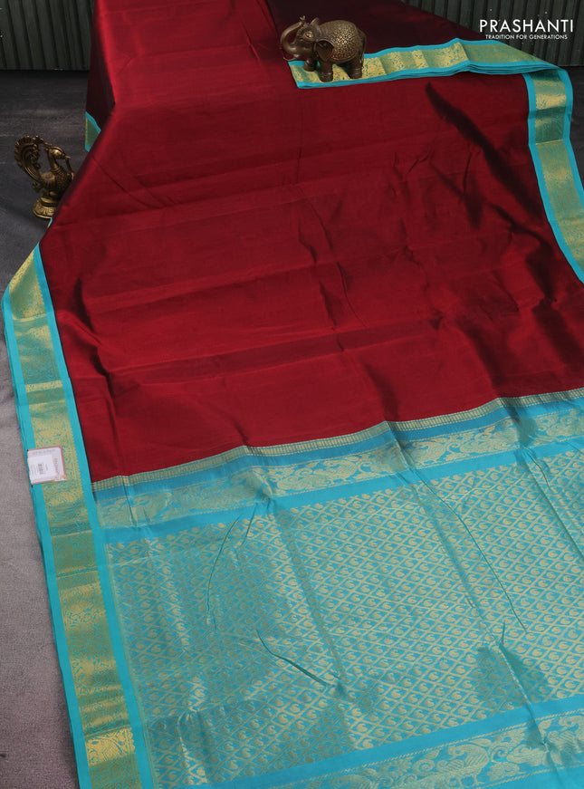 10 yards silk cotton saree maroon and teal blue with plain body and zari woven border