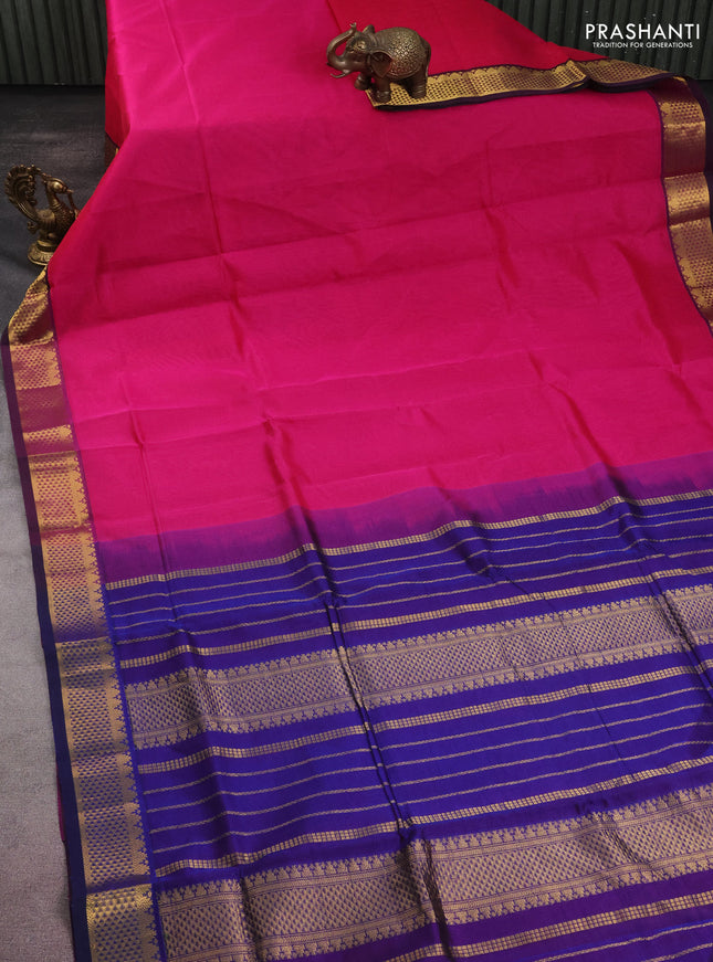 10 yards silk cotton saree pink and blue with plain body and zari woven border