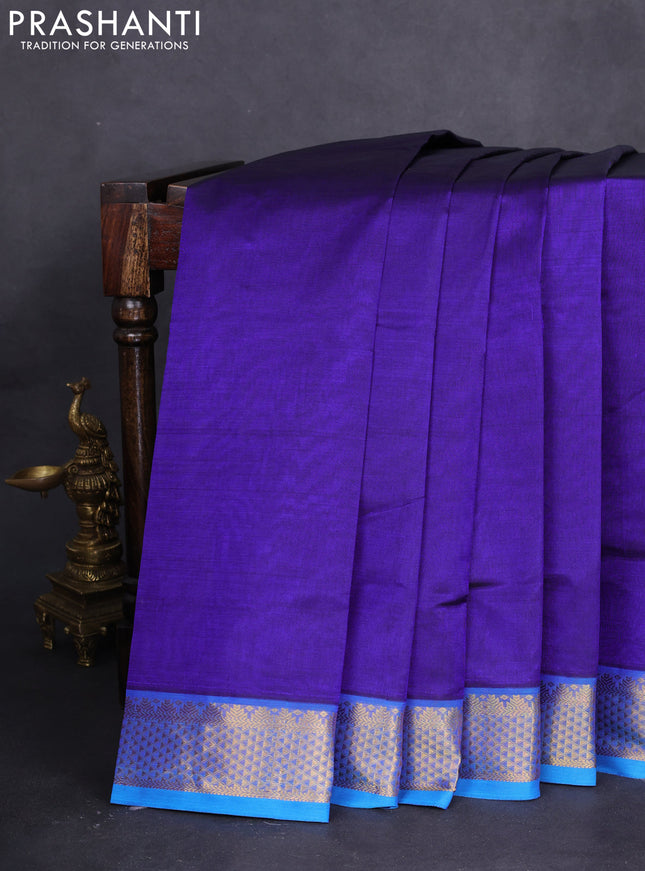 10 yards silk cotton saree navy blue and cs blue with plain body and zari woven border