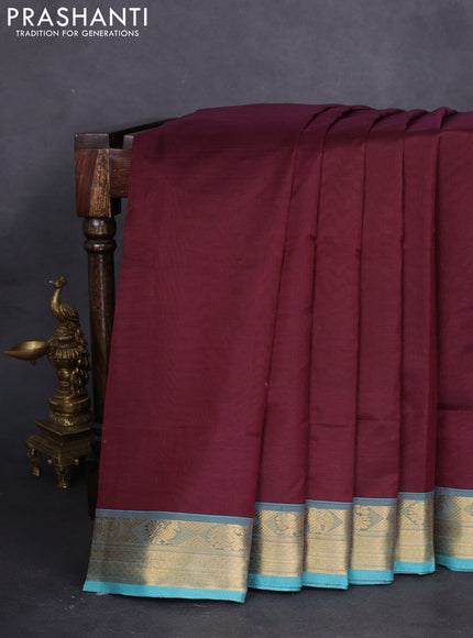 10 yards silk cotton saree deep maroon and teal blue with plain body and zari woven border