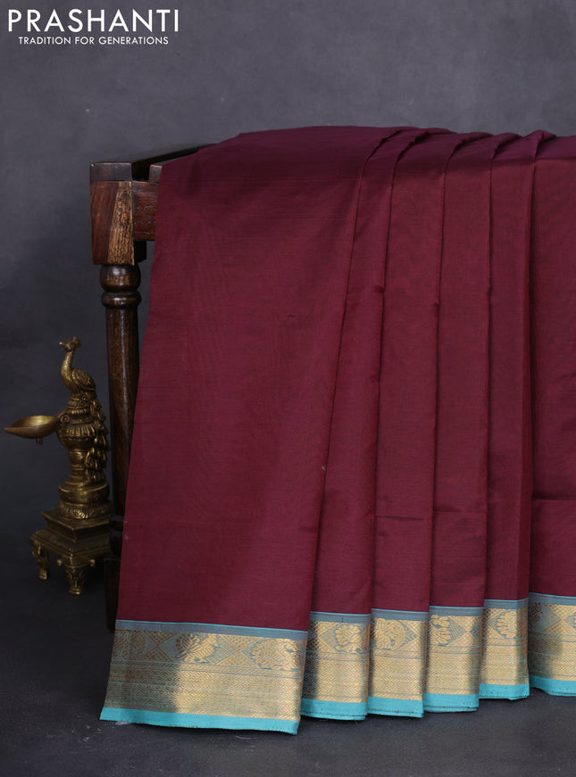 10 yards silk cotton saree deep maroon and teal blue with plain body and zari woven border