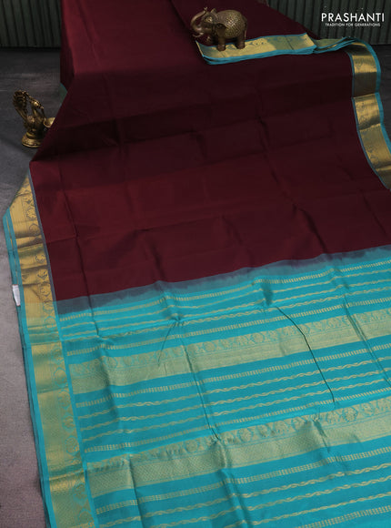 10 yards silk cotton saree deep maroon and teal blue with plain body and zari woven border