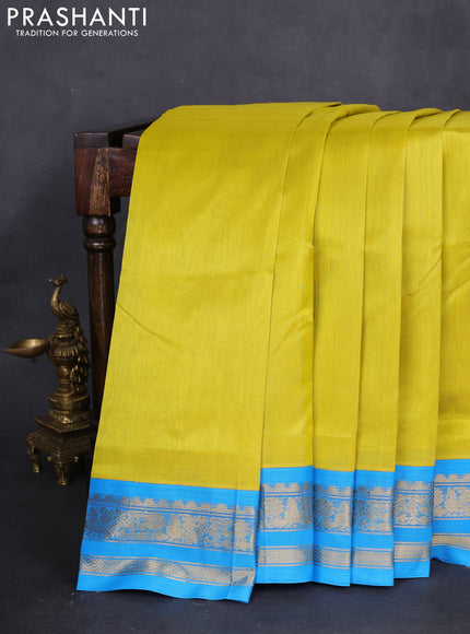 10 yards silk cotton saree lime yellow and cs blue with plain body and zari woven border