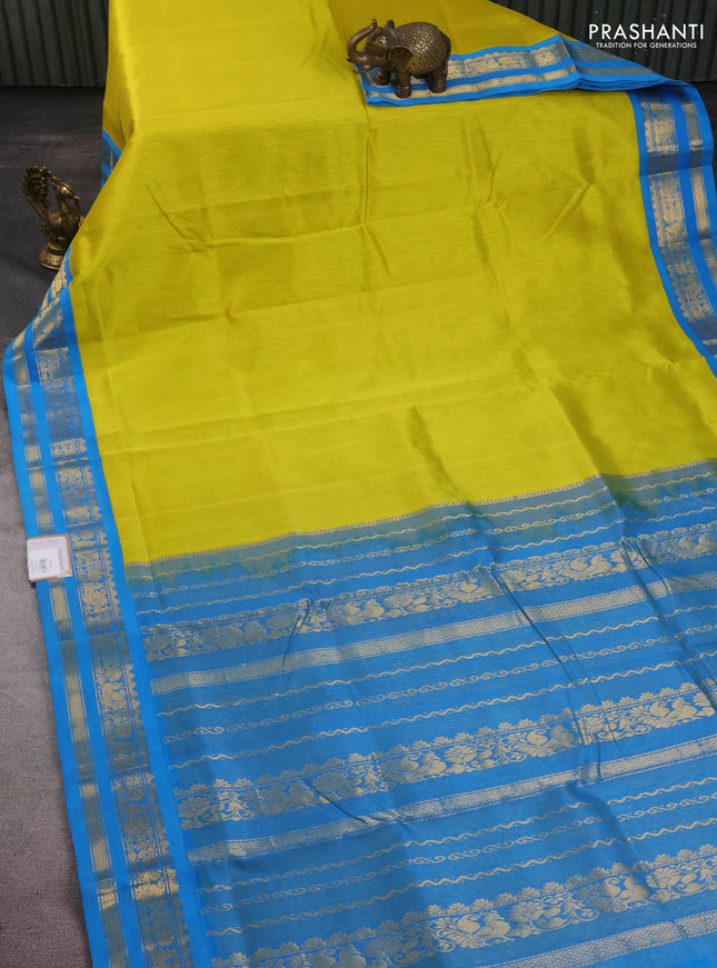 10 yards silk cotton saree lime yellow and cs blue with plain body and zari woven border