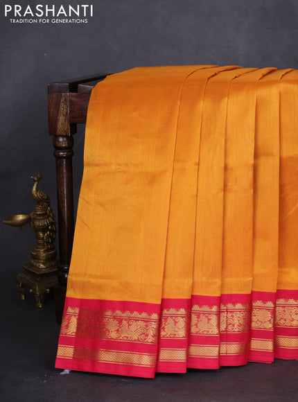 10 yards silk cotton saree mustard shade and red with plain body and zari woven border
