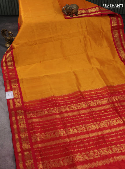 10 yards silk cotton saree mustard shade and red with plain body and zari woven border