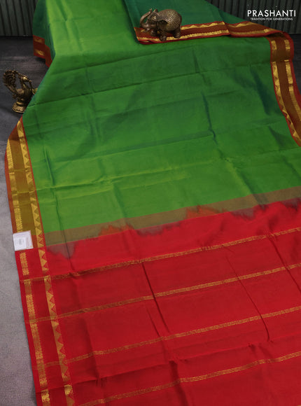10 yards silk cotton saree green and red with plain body and zari woven border