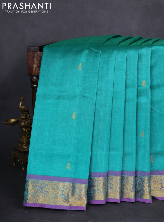 10 yards silk cotton saree teal green and purple with zari woven buttas and zari woven border