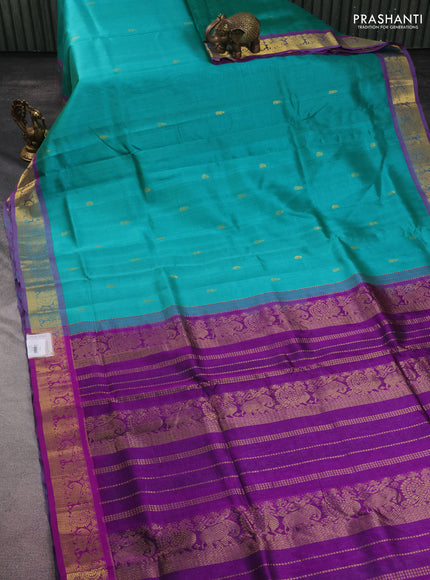 10 yards silk cotton saree teal green and purple with zari woven buttas and zari woven border