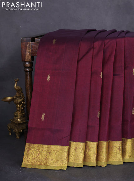 10 yards silk cotton saree deep maroon and mehendi green with zari woven buttas and zari woven border