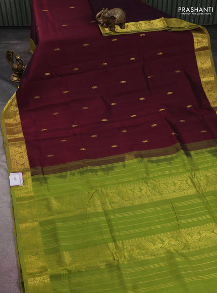 10 yards silk cotton saree deep maroon and mehendi green with zari woven buttas and zari woven border