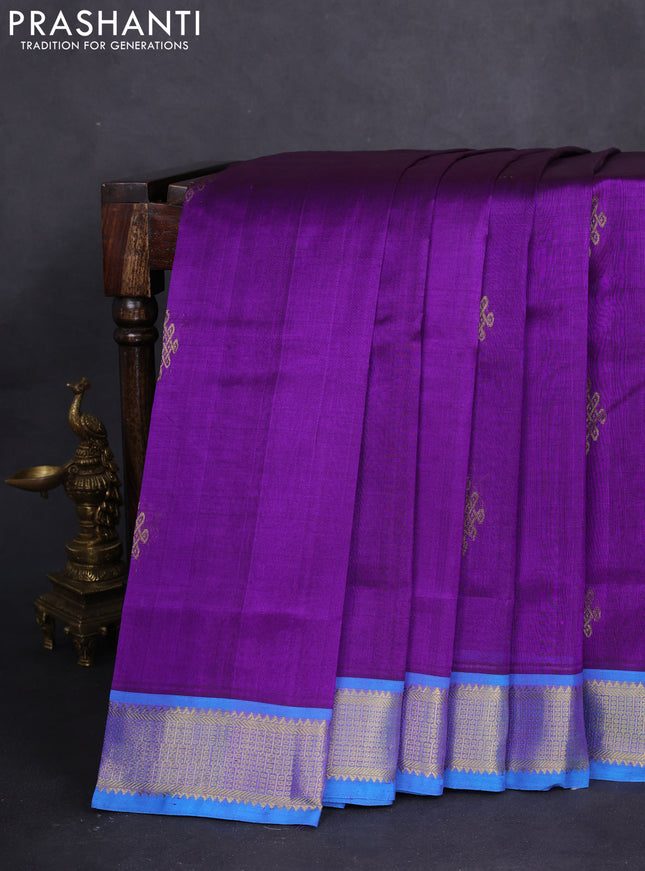 10 yards silk cotton saree violet and cs blue with zari woven buttas and zari woven border
