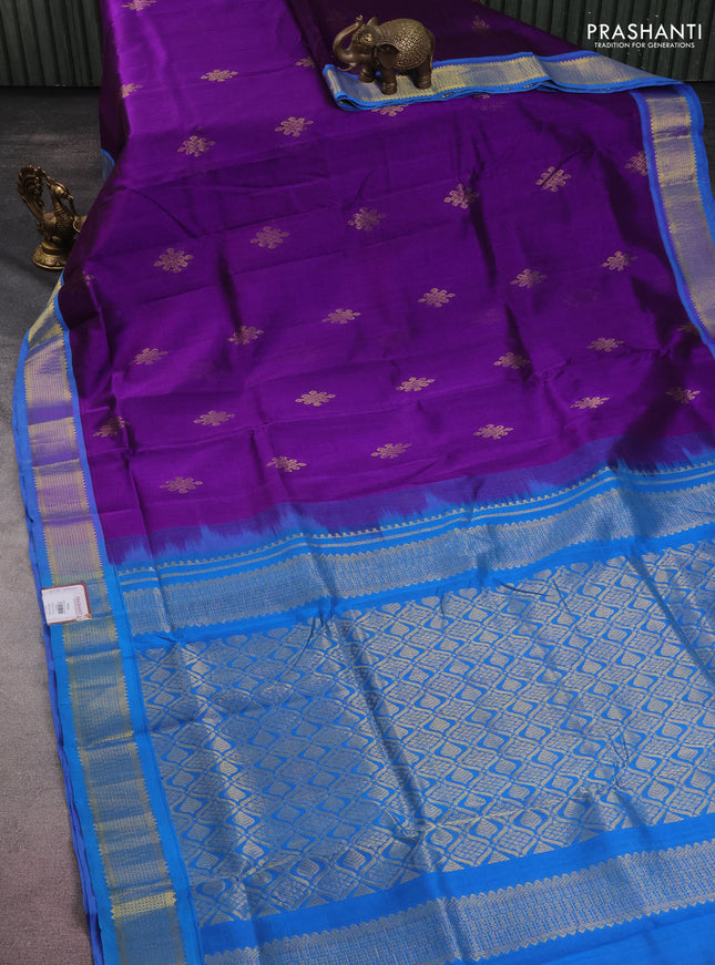 10 yards silk cotton saree violet and cs blue with zari woven buttas and zari woven border
