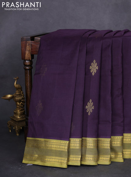 10 yards silk cotton saree deep jamun and light green with rangoli design zari buttas and zari woven border