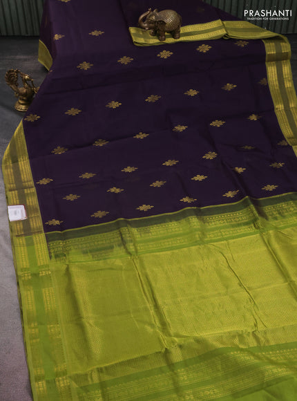 10 yards silk cotton saree deep jamun and light green with rangoli design zari buttas and zari woven border