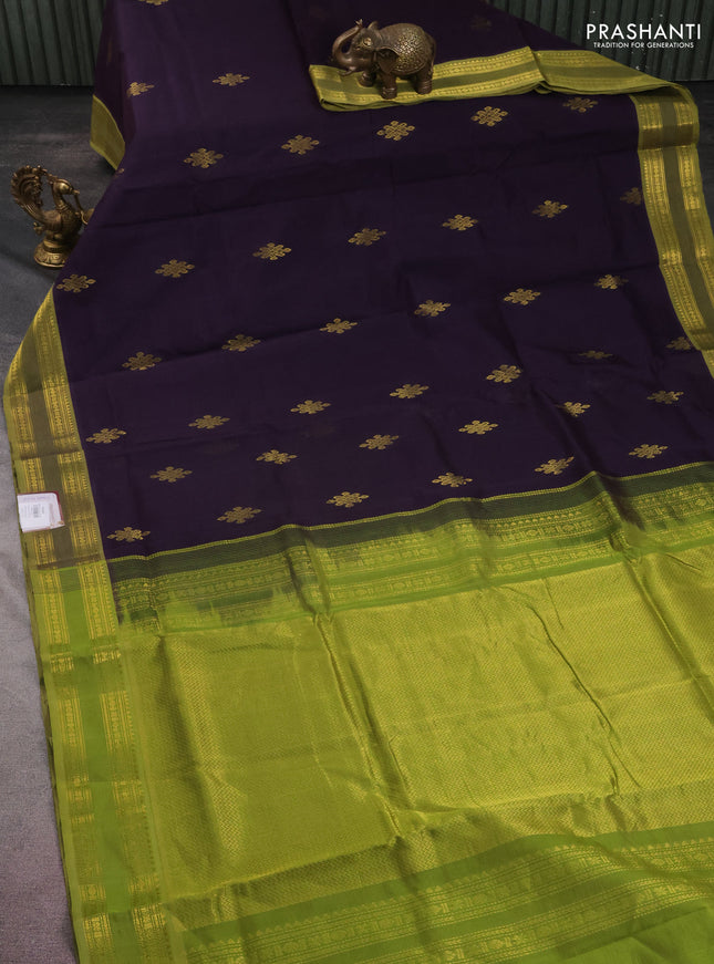10 yards silk cotton saree deep jamun and light green with rangoli design zari buttas and zari woven border