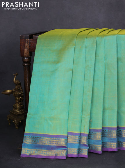 10 yards silk cotton saree light green and purple with rangoli design zari buttas and zari woven border
