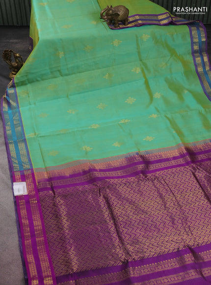 10 yards silk cotton saree light green and purple with rangoli design zari buttas and zari woven border