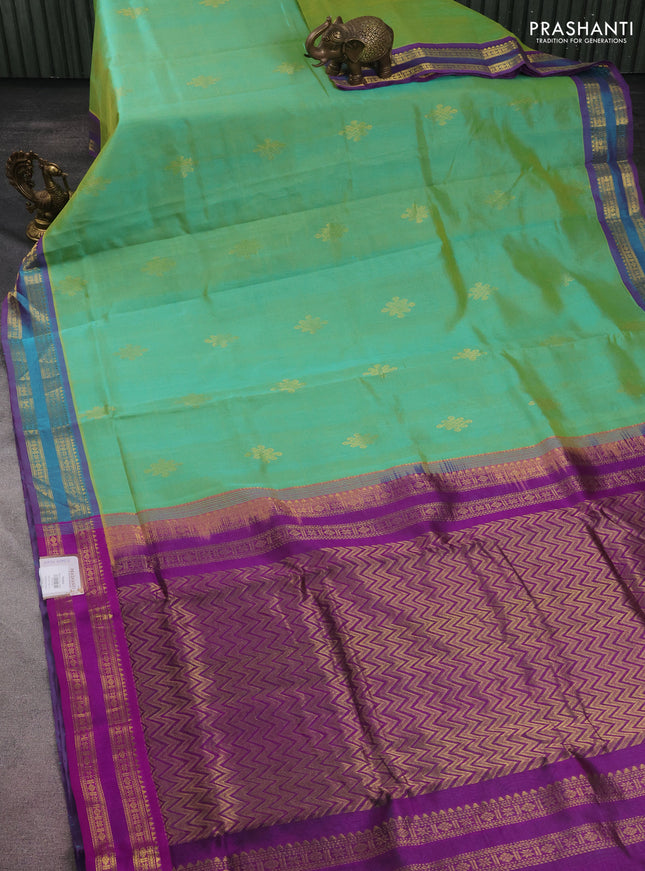 10 yards silk cotton saree light green and purple with rangoli design zari buttas and zari woven border