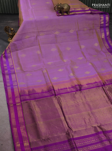 10 yards silk cotton saree dual shade of lavender and purple with rangoli design zari buttas and zari woven border