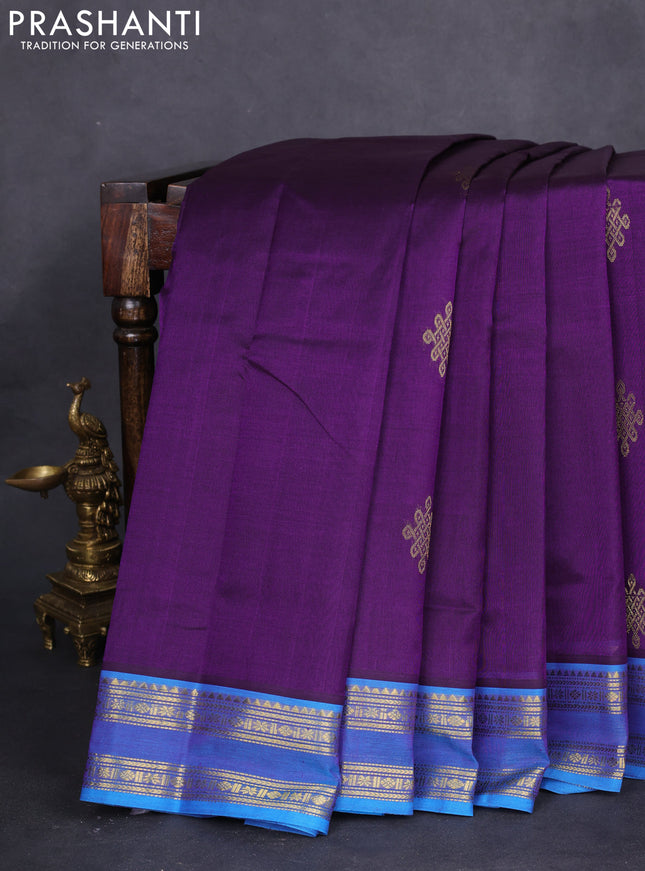 10 yards silk cotton saree violet and cs blue with rangoli design zari buttas and zari woven border