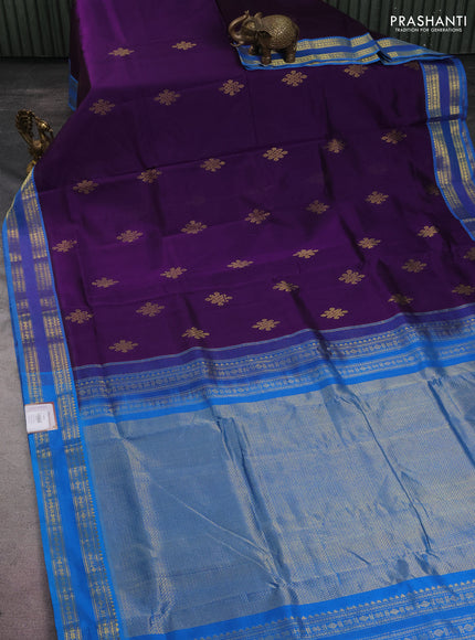 10 yards silk cotton saree violet and cs blue with rangoli design zari buttas and zari woven border