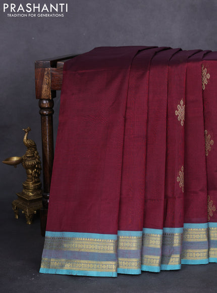 10 yards silk cotton saree deep maroon and teal blue with rangoli design zari buttas and zari woven border