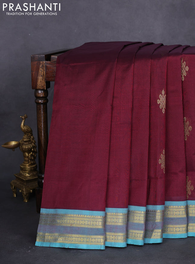 10 yards silk cotton saree deep maroon and teal blue with rangoli design zari buttas and zari woven border