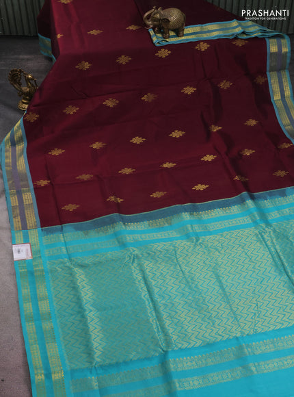 10 yards silk cotton saree deep maroon and teal blue with rangoli design zari buttas and zari woven border