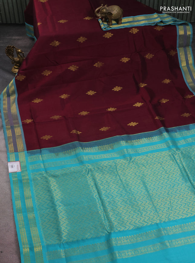 10 yards silk cotton saree deep maroon and teal blue with rangoli design zari buttas and zari woven border