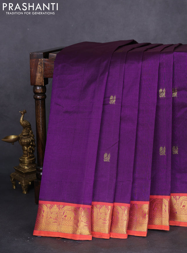 10 yards silk cotton saree violet and orange with annam & rudhraksha zari woven buttas and zari woven border