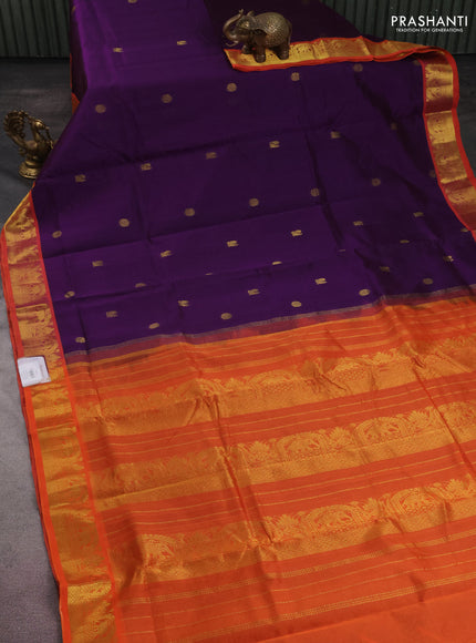 10 yards silk cotton saree violet and orange with annam & rudhraksha zari woven buttas and zari woven border